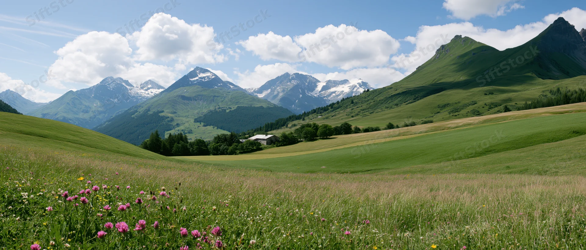 Alpine meadow with wildflowers and snow-capped mountains in the background
