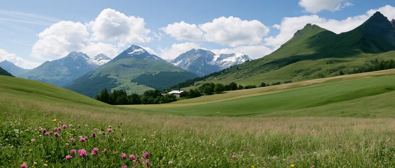 Alpine meadow with wildflowers and snow-capped mountains in the background