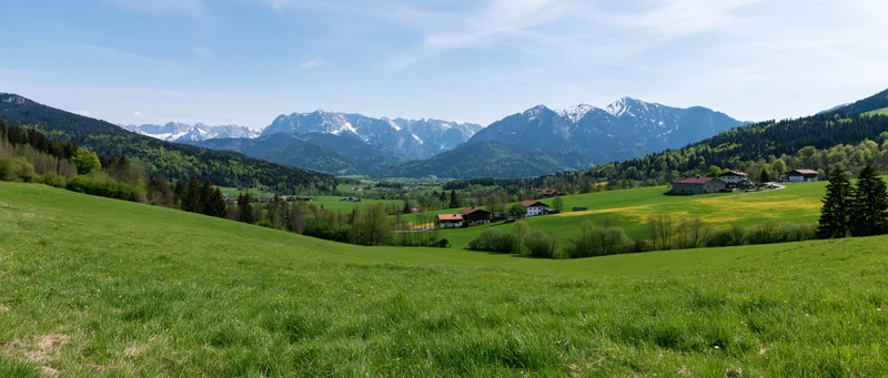 Green alpine meadow with scattered farmhouses and snow-capped mountains in the distance