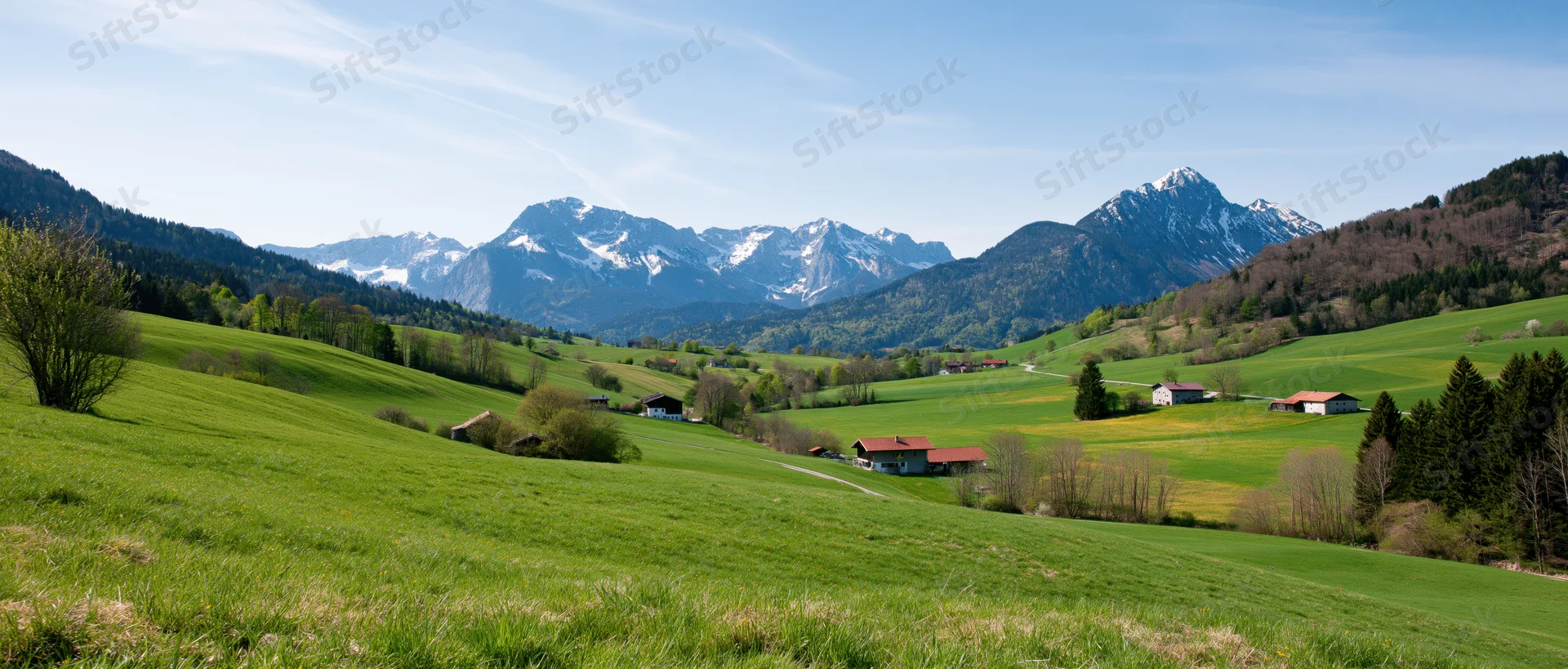 Green alpine valley with scattered farmhouses and snow-capped mountains in the distance