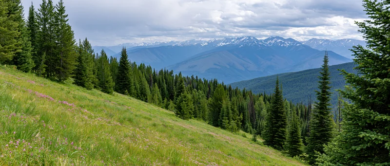 Alpine meadow with wildflowers and pine trees sloping toward a distant mountain range under a cloudy sky