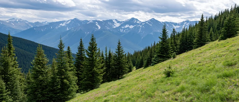Alpine meadow with pine trees sloping toward snow-capped mountains under cloudy sky