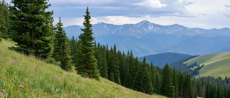 Alpine meadow with pine trees and snow-capped mountains in the distance