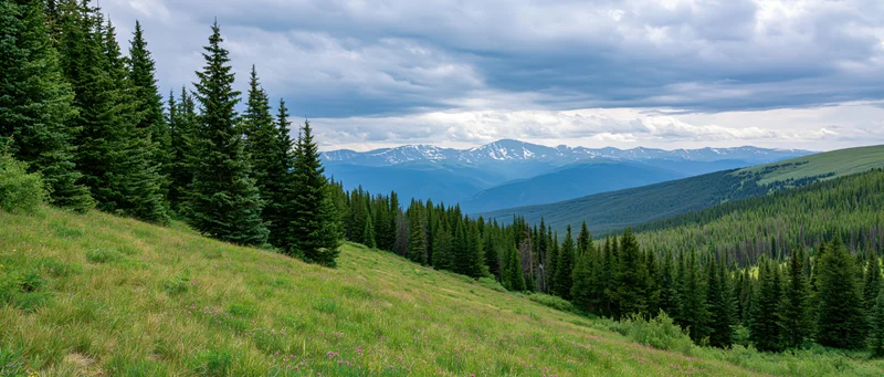 Alpine meadow with pine forest and snow-capped mountains in the distance under cloudy sky