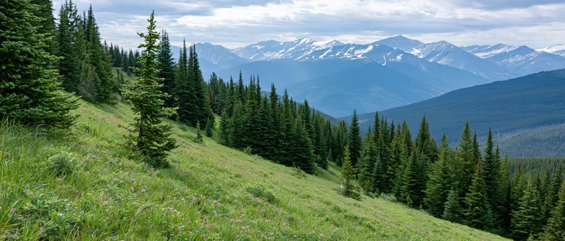 Alpine meadow with wildflowers and pine trees sloping toward snow-capped mountains in the distance