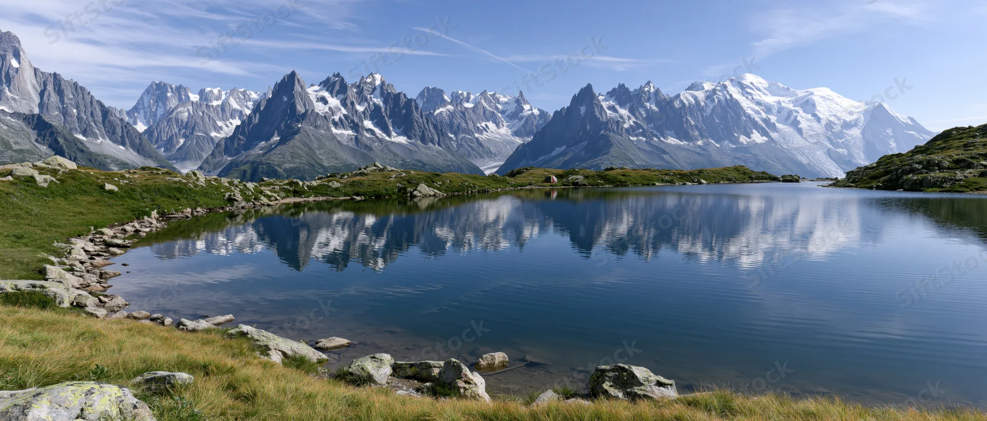 Snow-capped alpine peaks reflected in a calm mountain lake surrounded by grassy shores and rocks