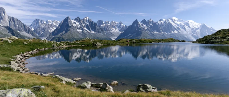 Snow-capped alpine peaks reflected in a calm mountain lake surrounded by grassy shores and rocks