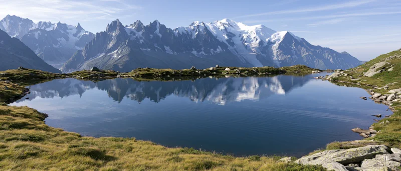 Snow-capped alpine peaks reflected in a calm mountain lake surrounded by grassy meadows and rocky terrain