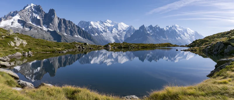 Snow-capped alpine peaks reflected in a calm mountain lake surrounded by grassy slopes and rocks