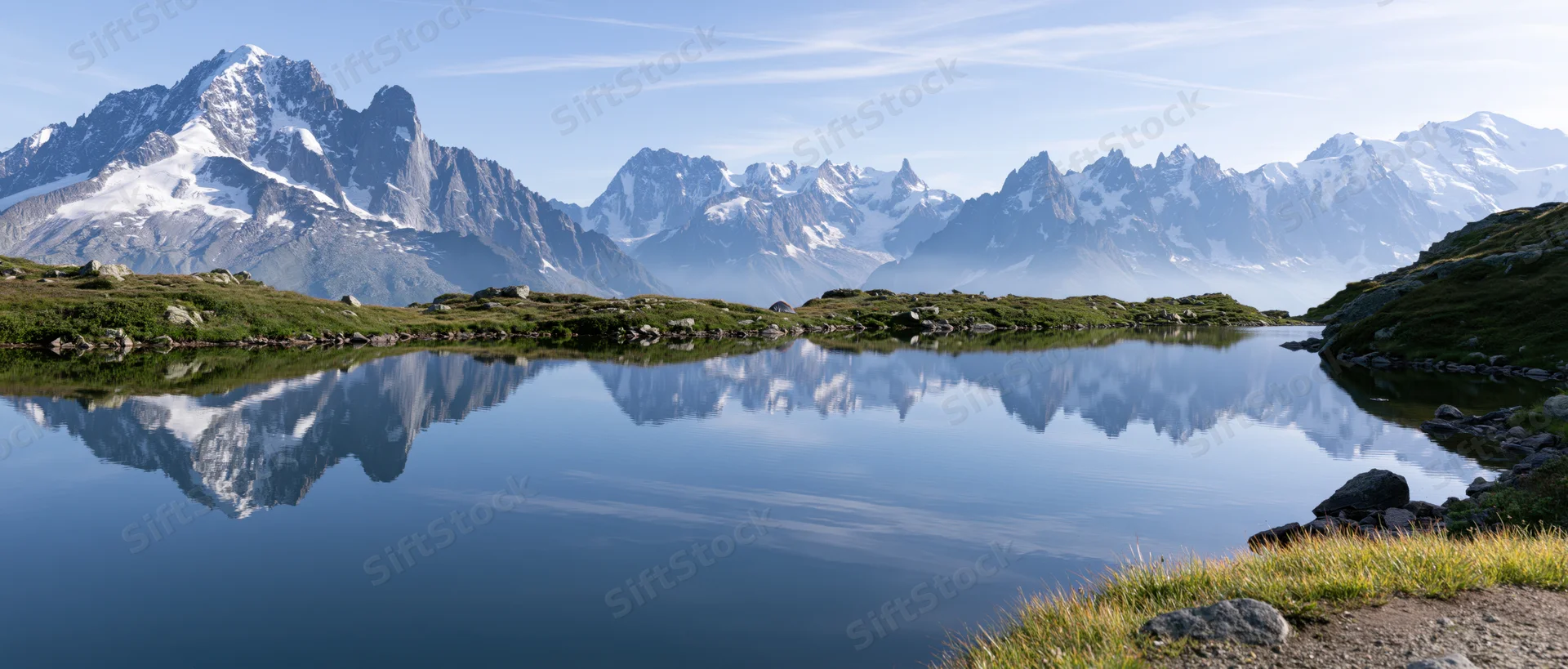 Snow-capped alpine peaks reflected in a calm mountain lake surrounded by grassy shores and rocky terrain