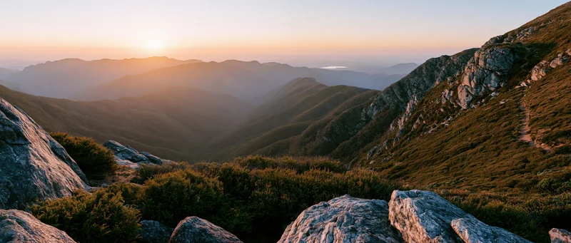 Mountain ridge at sunrise overlooking layered valleys and forested slopes