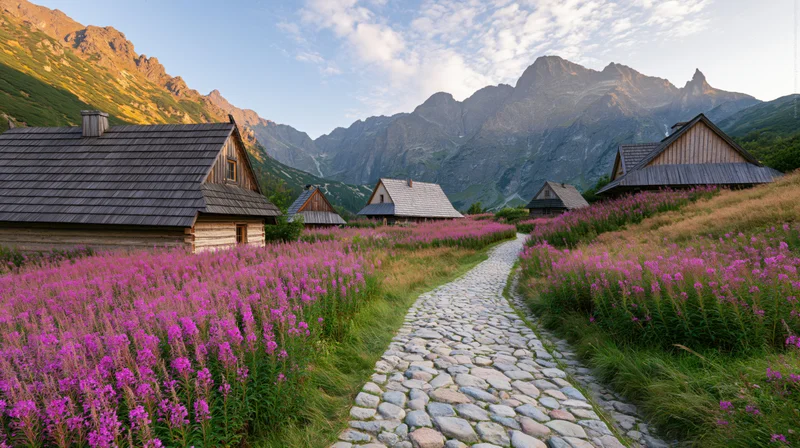 Stone path winding through purple wildflowers toward wooden cabins in alpine valley at sunrise