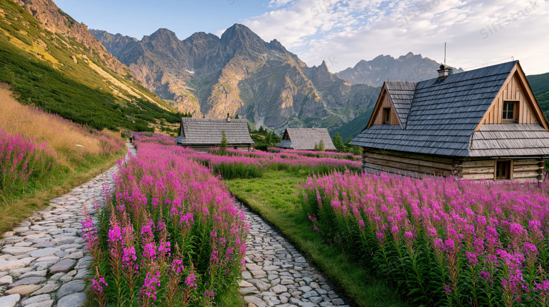 Stone path lined with pink fireweed flowers leading past wooden cabins in alpine valley with mountains in background