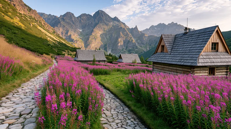 Stone path lined with pink fireweed flowers leading past wooden cabins in alpine valley with mountains in background