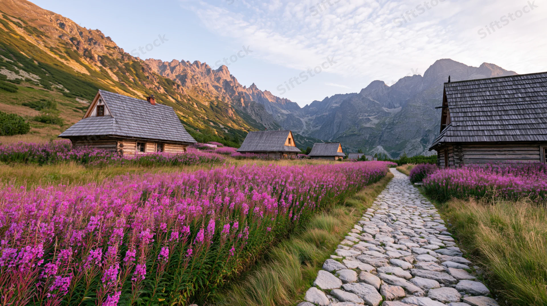 Stone path through purple fireweed meadow leading to wooden cabins in alpine valley