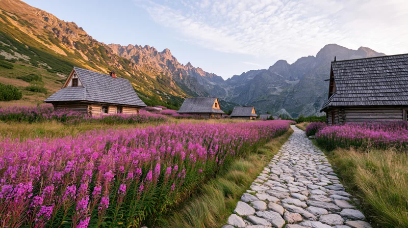 Stone path through purple fireweed meadow leading to wooden cabins in alpine valley