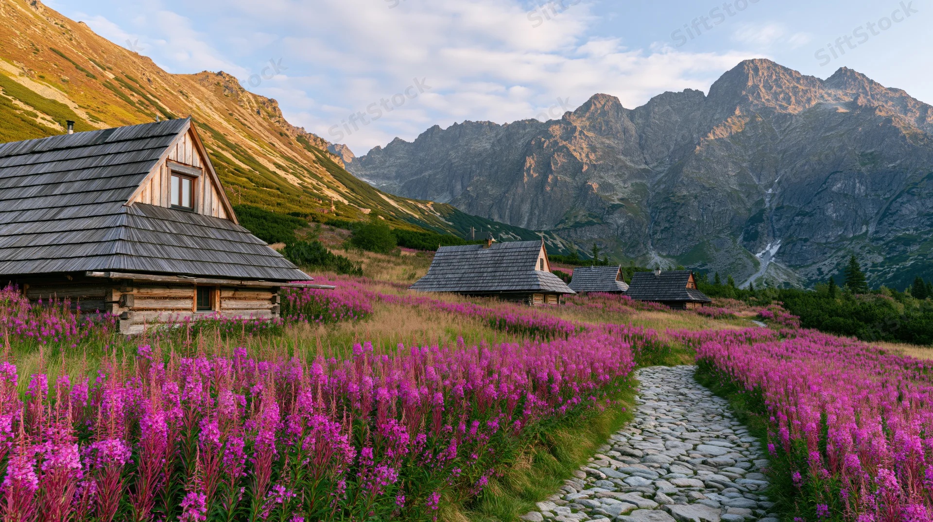 Stone path winding through purple fireweed meadow toward wooden alpine cabins at mountain base