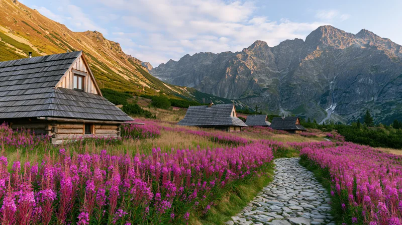Stone path winding through purple fireweed meadow toward wooden alpine cabins at mountain base