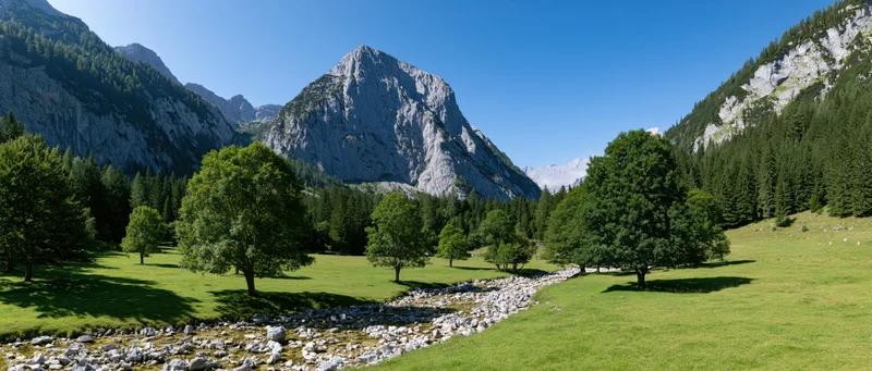 Alpine meadow with stream flowing through green grass and trees under rocky mountain peak