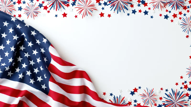 American flag draped in corner with fireworks and stars border framing copyspace