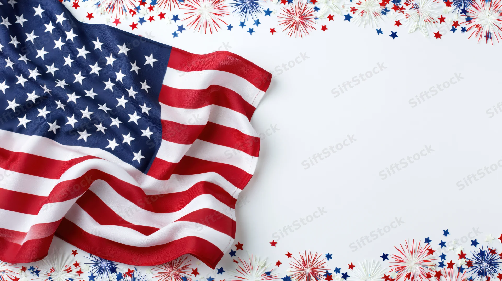 American flag waving with fireworks and stars border on white background