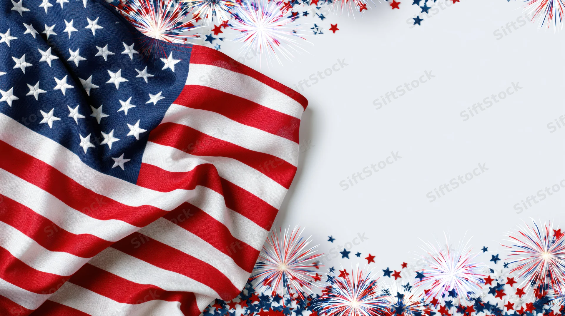 American flag with fireworks and stars arranged as a festive border on white background with copyspace