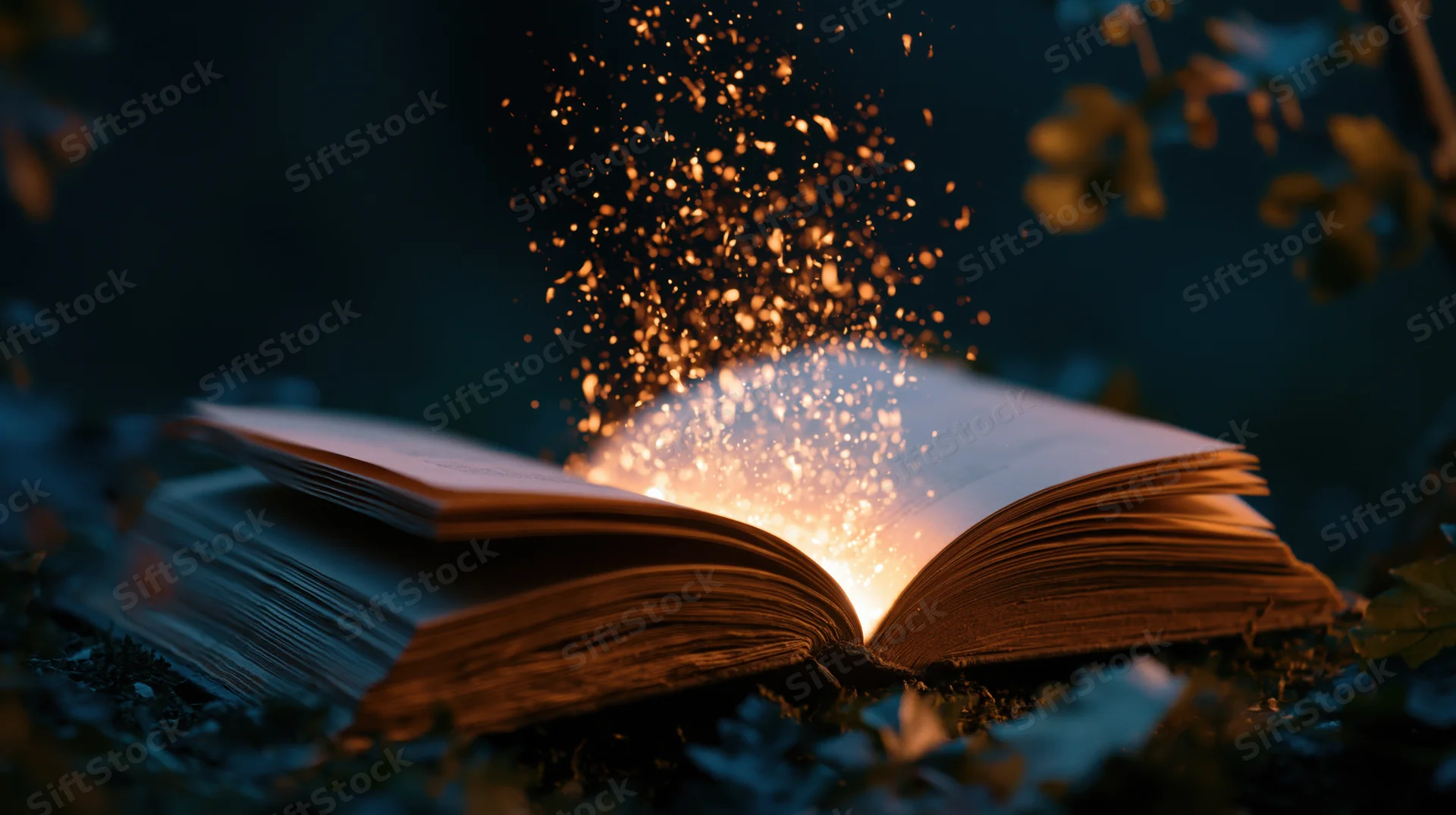 Open book glowing with sparks in a dark forest setting