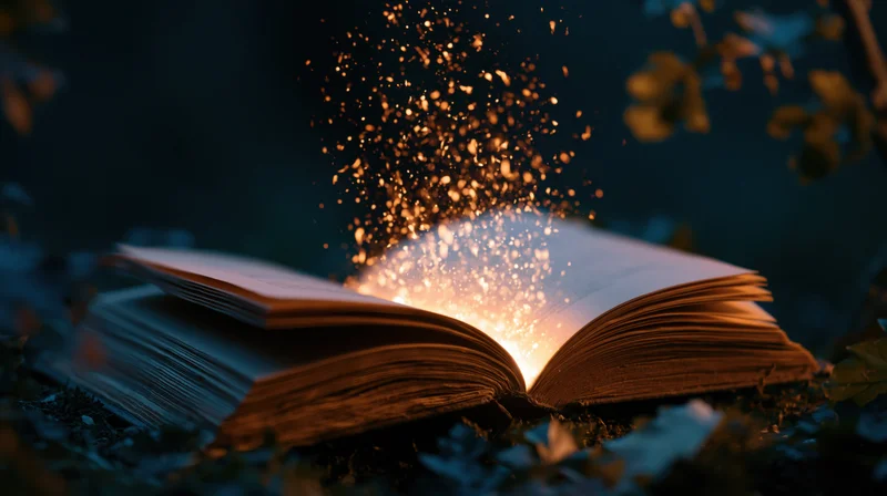 Open book glowing with sparks in a dark forest setting
