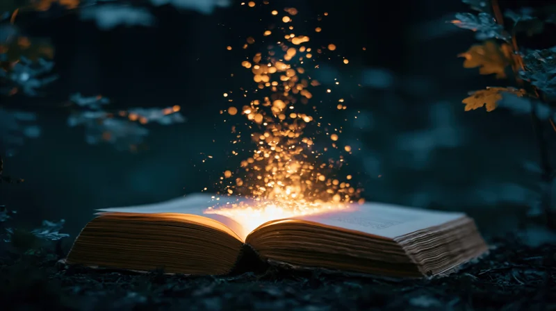 Open book glowing with golden sparks in a dark forest setting