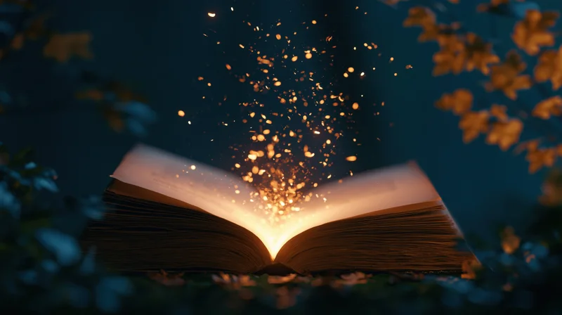 Open book glowing with sparks in a dark forest surrounded by autumn leaves