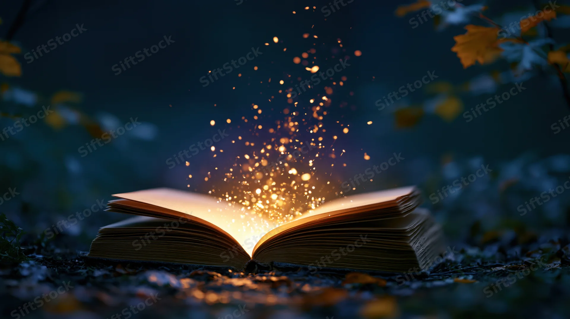 Open book glowing with golden sparkles in a dark autumn forest at night