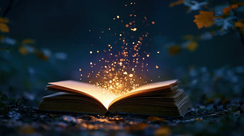 Open book glowing with golden sparkles in a dark autumn forest at night