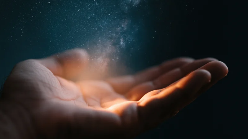 Hand holding glowing cosmic dust against dark night sky