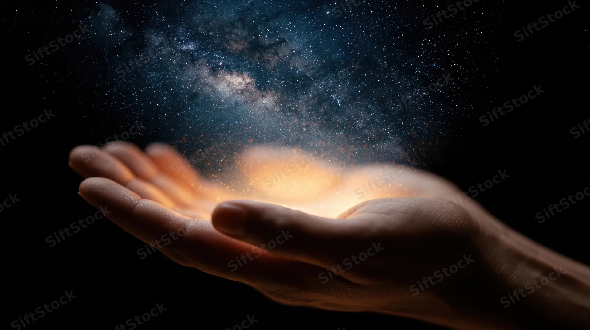 Hand holding glowing galaxy with stars and nebula in dark space