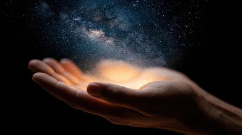 Hand holding glowing galaxy with stars and nebula in dark space