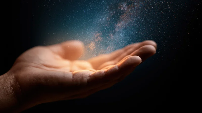 Hand holding glowing cosmic dust against dark background