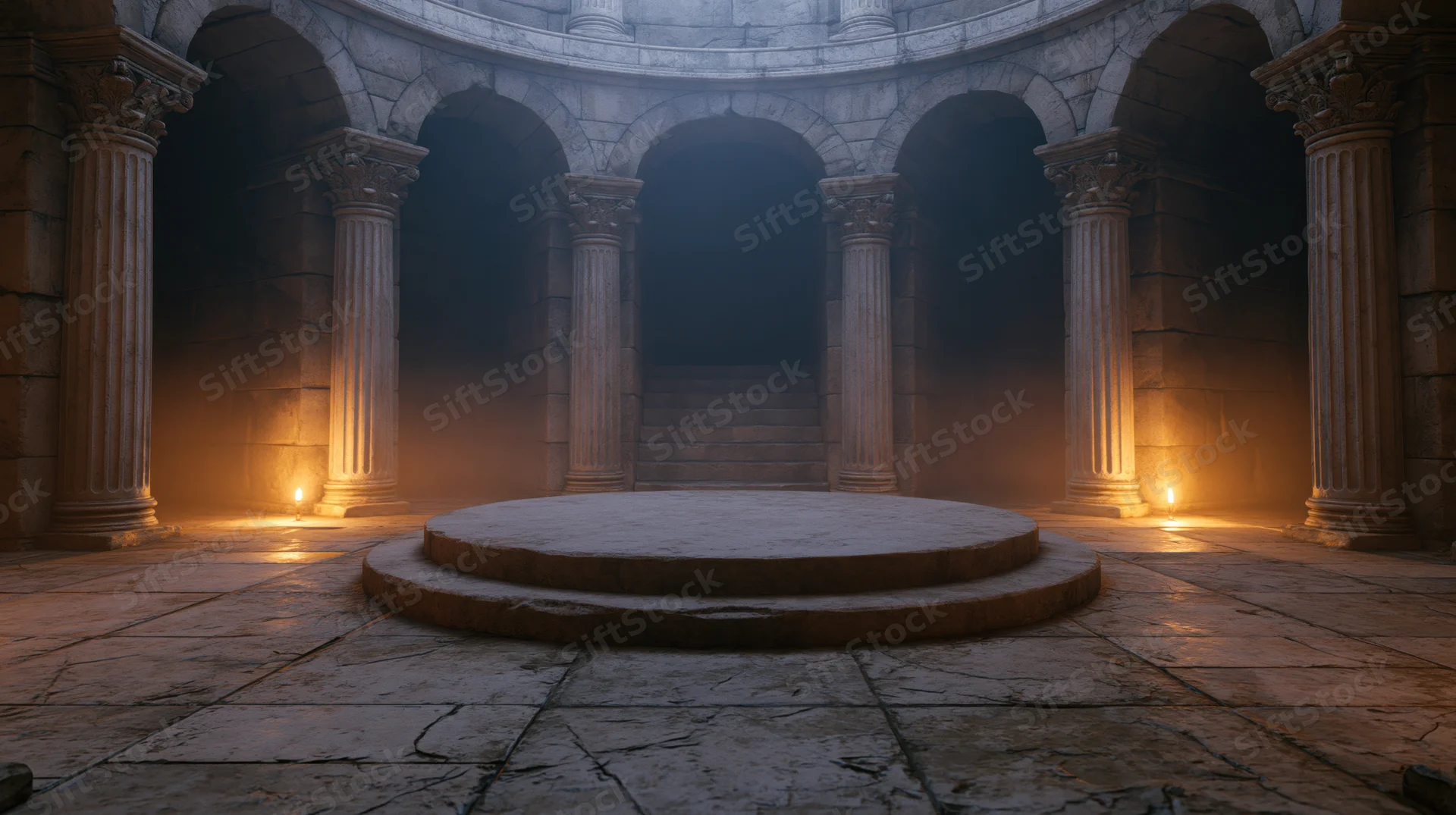 Circular stone temple interior with columns and torches, foggy atmosphere, central pedestal and steps leading upward