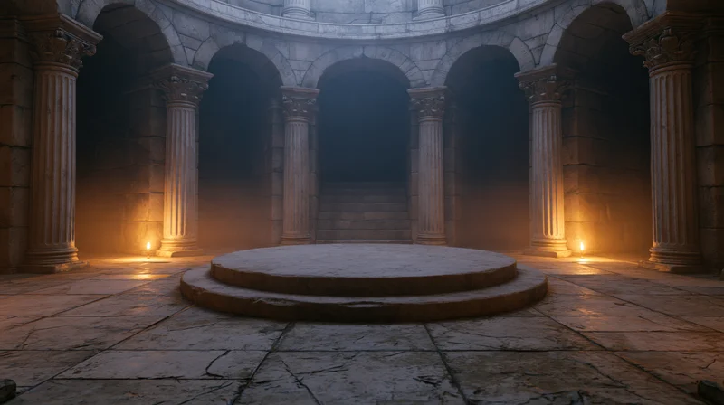 Circular stone temple interior with columns and torches, foggy atmosphere, central pedestal and steps leading upward