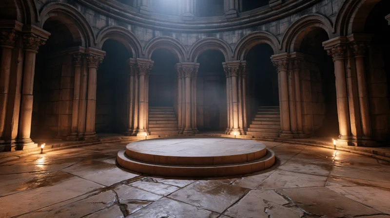Circular stone temple interior with central pedestal and arched columns lit by torches