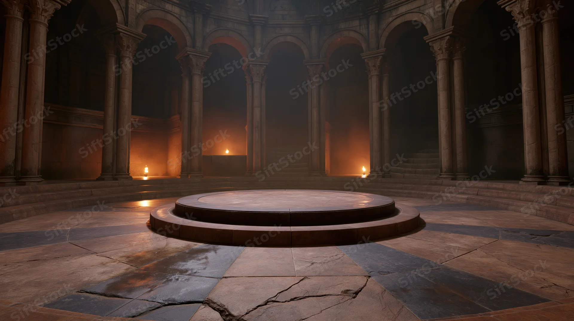 Circular stone platform in a foggy ancient temple interior with torchlight glowing between columns and arches