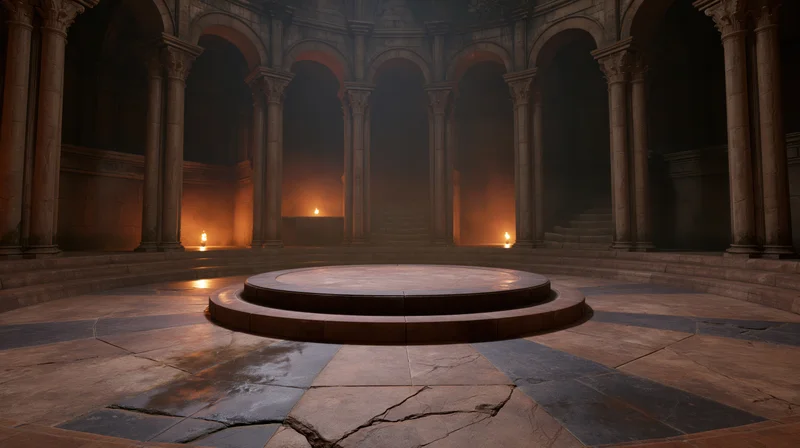 Circular stone platform in a foggy ancient temple interior with torchlight glowing between columns and arches
