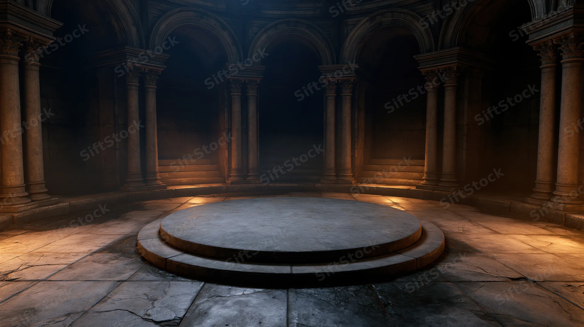 Circular stone platform in a dimly lit ancient temple interior with columns and arches