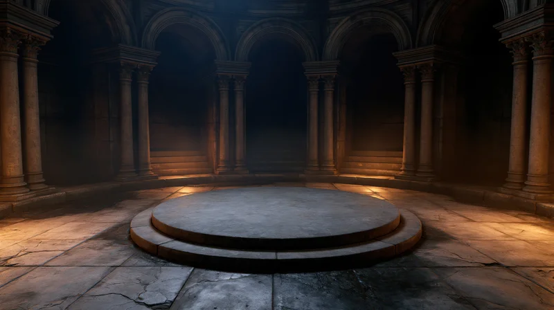 Circular stone platform in a dimly lit ancient temple interior with columns and arches