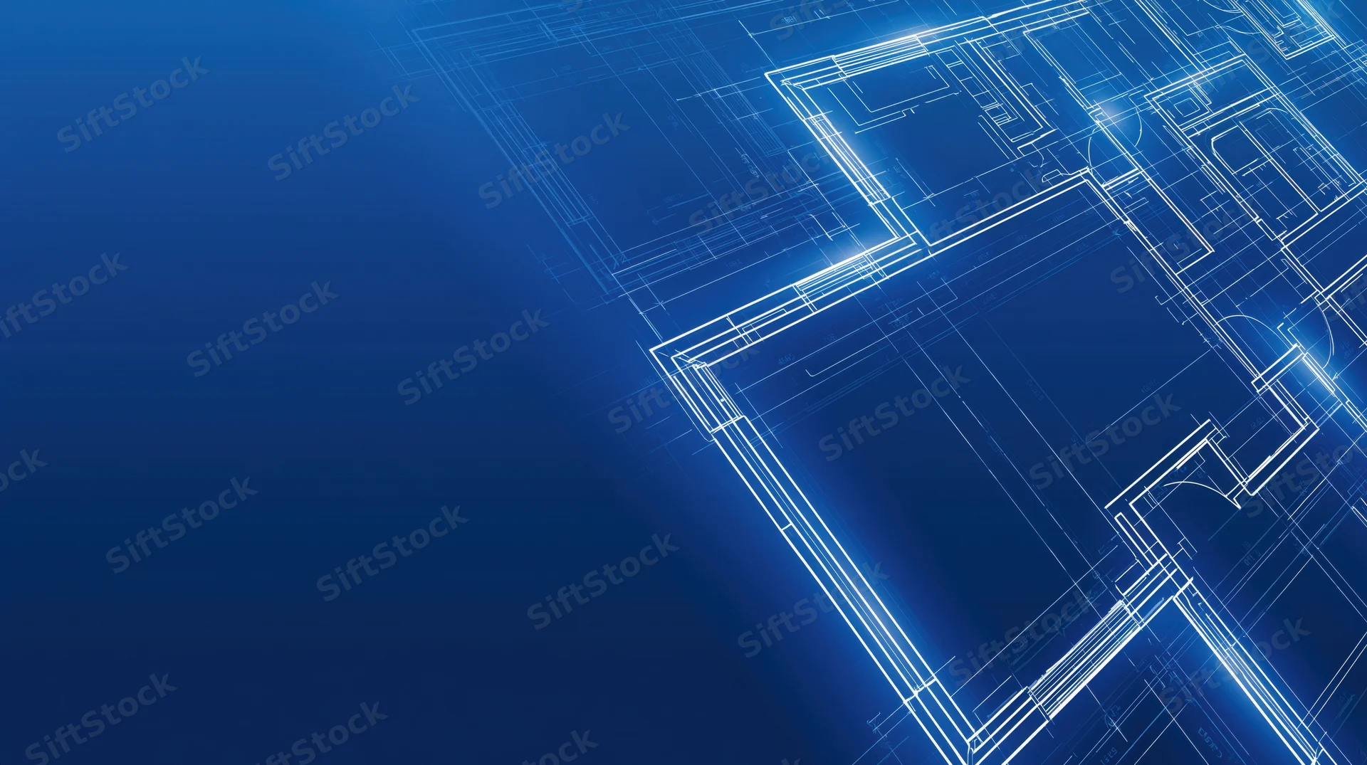 Architectural blueprint showing floor plan layout on blue background with copyspace