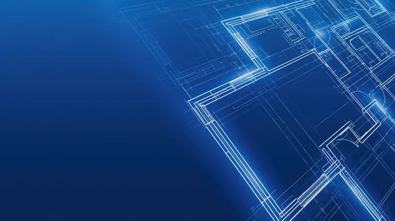 Architectural blueprint showing floor plan layout on blue background with copyspace