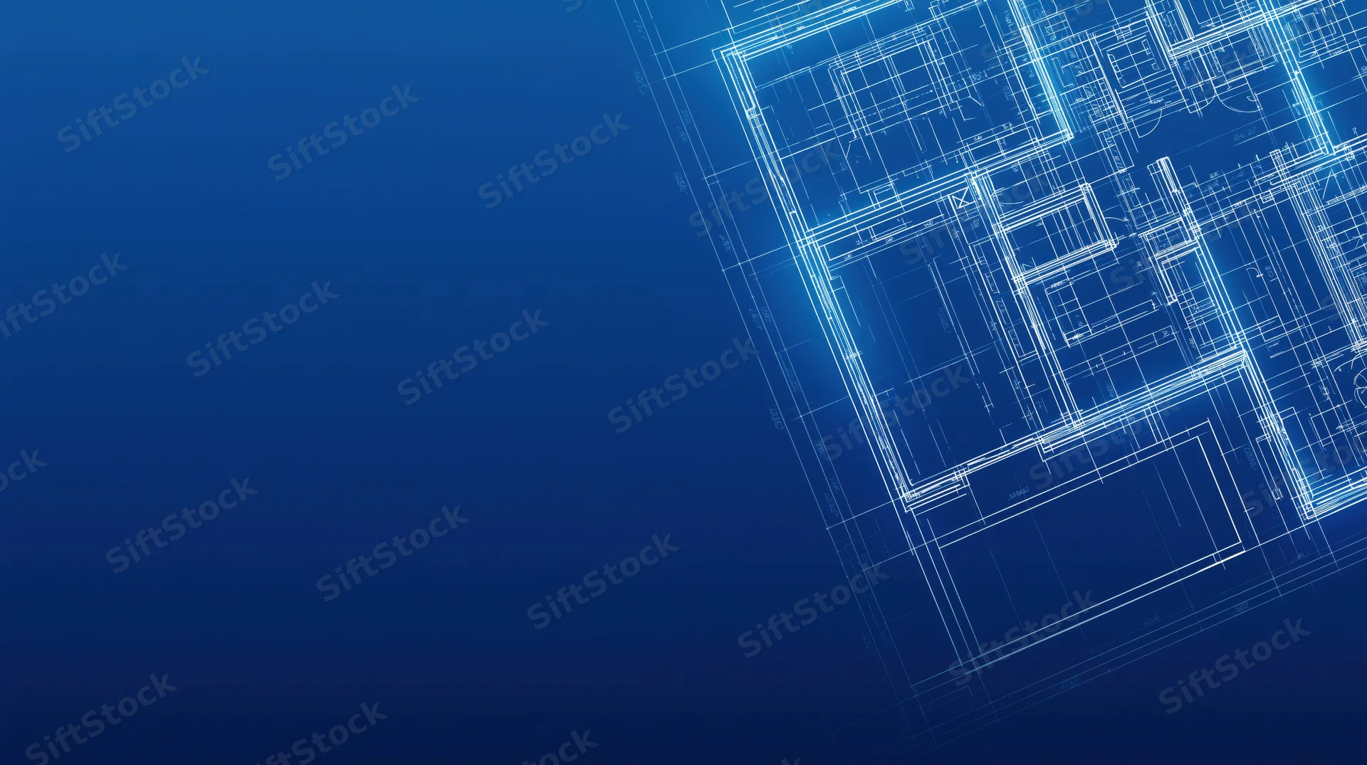 Architectural blueprint showing floor plan layout on blue background with copyspace