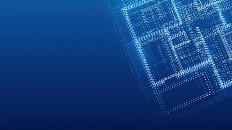 Architectural blueprint showing floor plan layout on blue background with copyspace