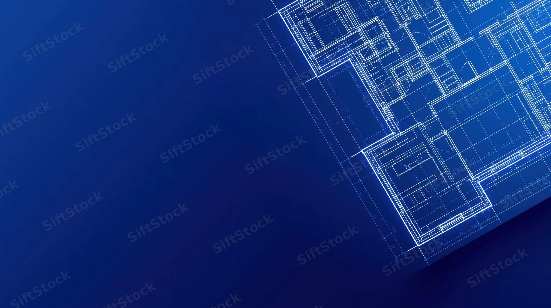 Architectural blueprint with white lines on blue gradient background showing building floorplan layout