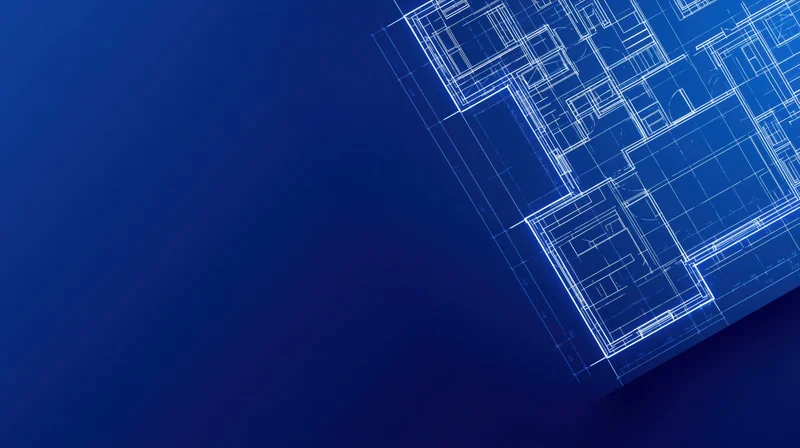 Architectural blueprint with white lines on blue gradient background showing building floorplan layout
