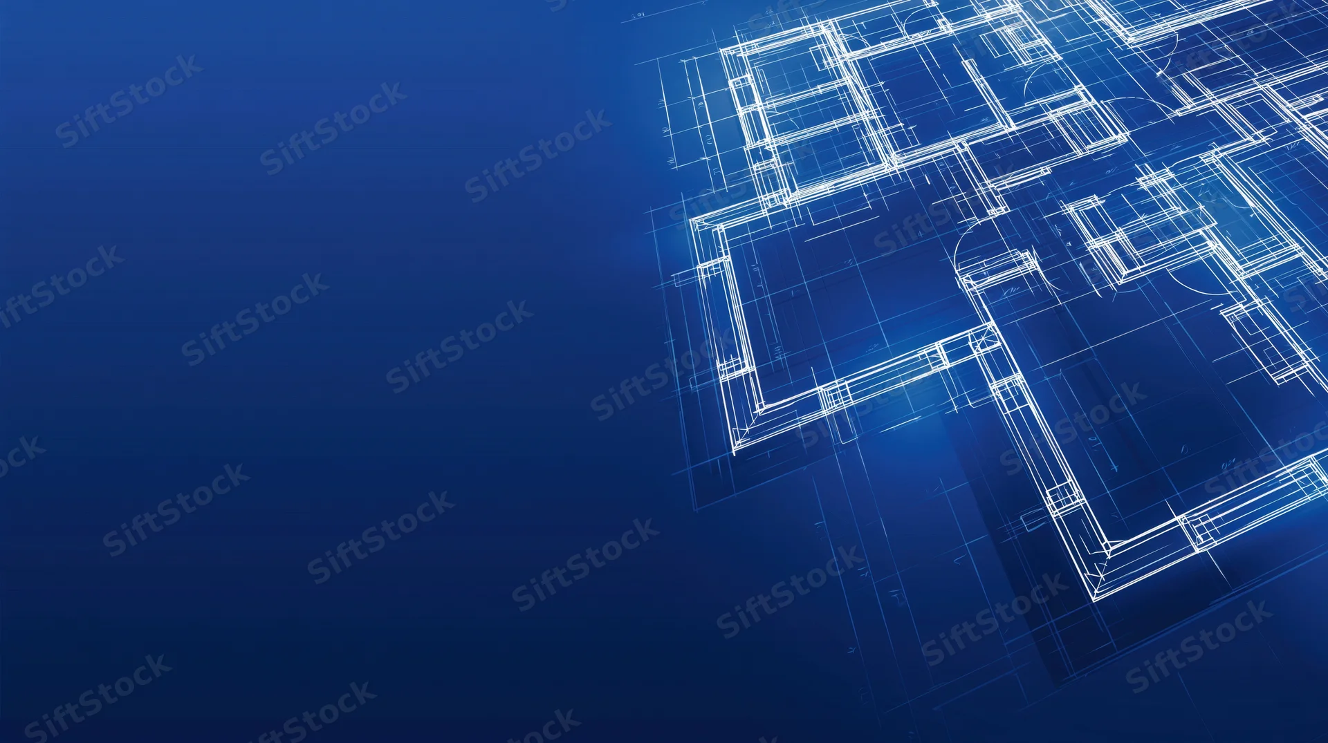 Architectural blueprint with white lines on blue gradient background showing building floorplan layout